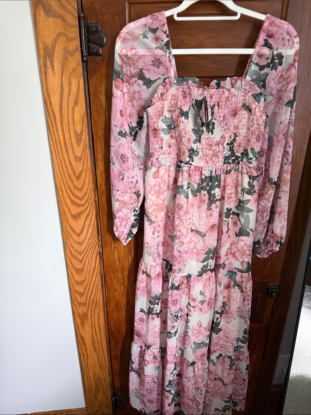 Express Pink Floral Smocked Maxi Dress with Green Accents